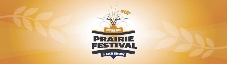 Otsego Prairie Festival & Car Show logo on a yellow background with stylized wheat and leaves, capturing the spirit of the Otsego Prairie Festival.