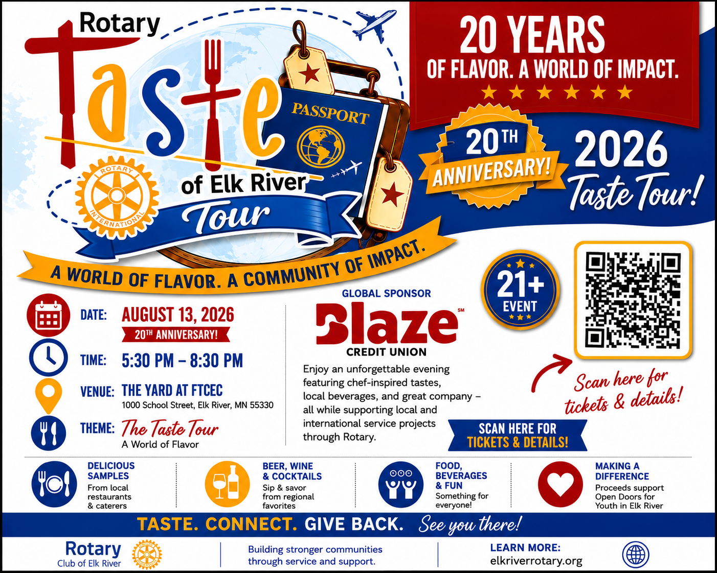 Colorful flyer for Rotary’s 20th Taste of Elk River Tour on August 13, 2026, at The Yard at ERCC in Elk River, featuring food, drinks, live music, and a QR code for tickets. This 21+ event celebrates community impact and the vibrant spirit of Elk River.
